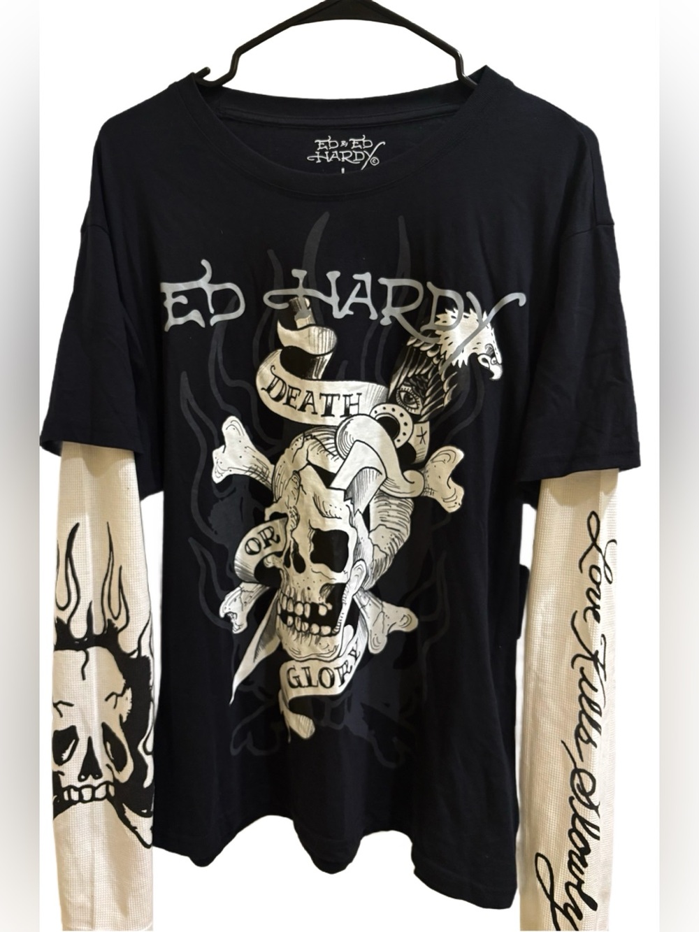 Ed Hardy Black Tee with white Layered Long Sleeves and Graphic Skull⭐️NWT⭐️